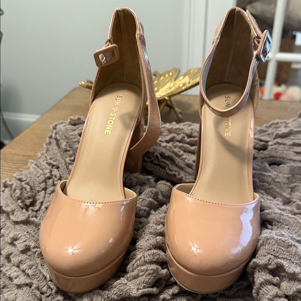 Sun + Stone Nude Patent Platform Pumps with Ankle Strap